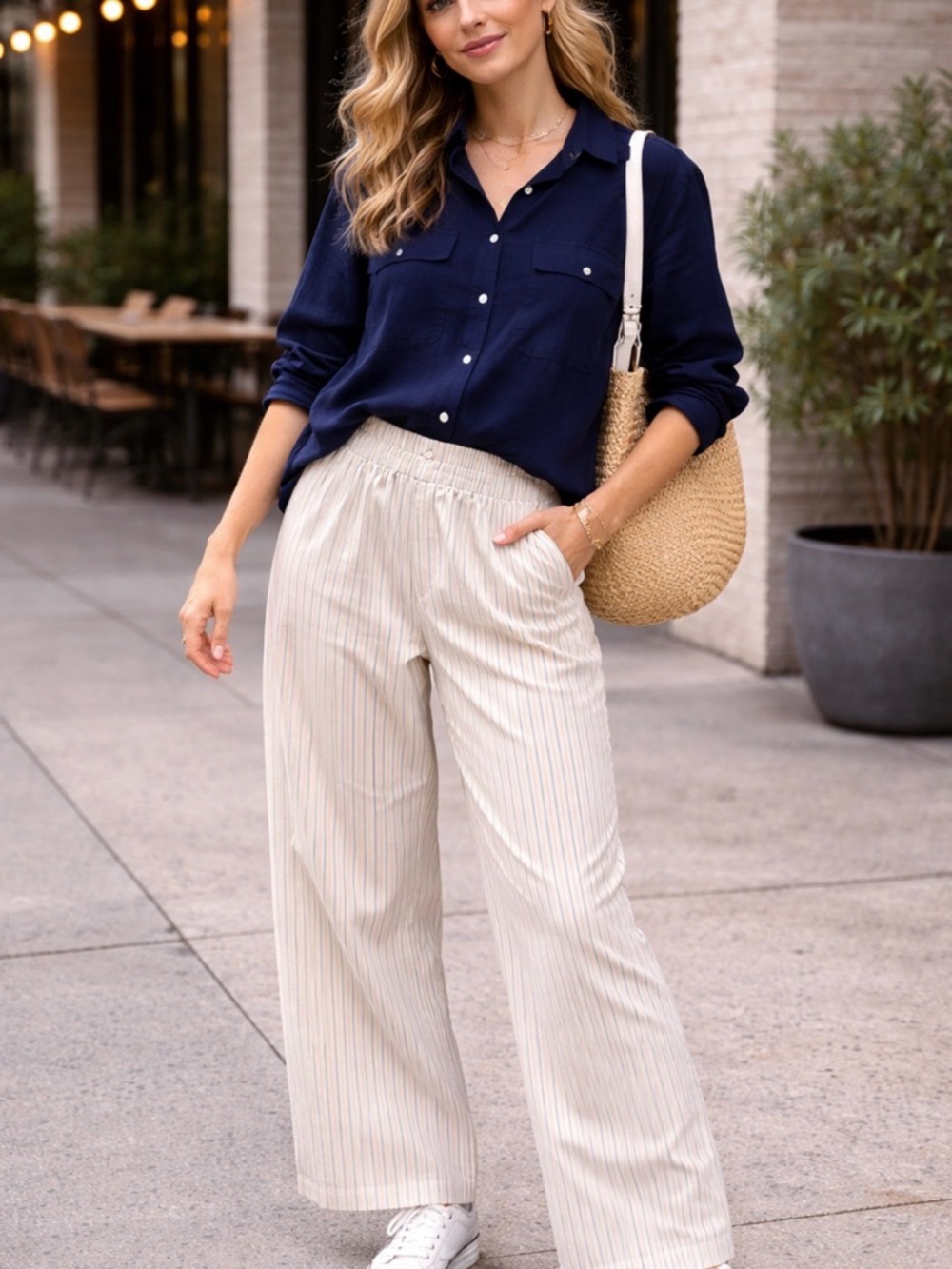 GAP Navy Button-Up Shirt and White Navy-Striped Wide Leg Pants - Picture 5 of 5